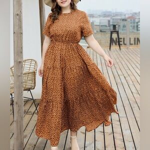 Shein Curve Long Tiered White Floral on Rust Background Dress 3XL Washable